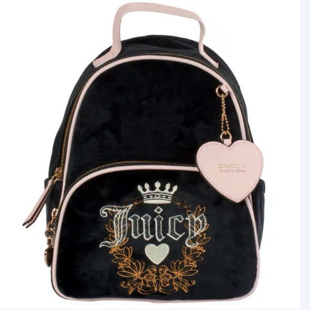 Juicy Couture Black Velvet Mini Backpack with Pale Pink Trim